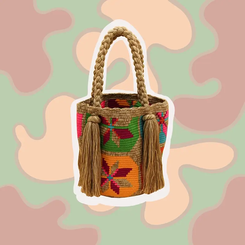 Sac coloré à bandoulière, tissé à la main par des tisserandes de la communauté indigène Wayuu en Colombie. Sac issu de la slow-fashion et d'une mode éthique.